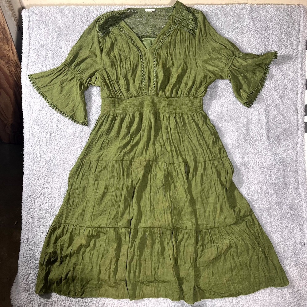 Kings Road Tiered Midi Dress Womens 3X Olive Green V Neck Bell Sleeves Classic